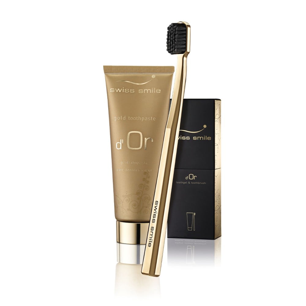 معجون أسنان بجزيئات الذهب + فرشاة مطلية بالذهب عيار ٢٤ قيراط من Swiss Smile